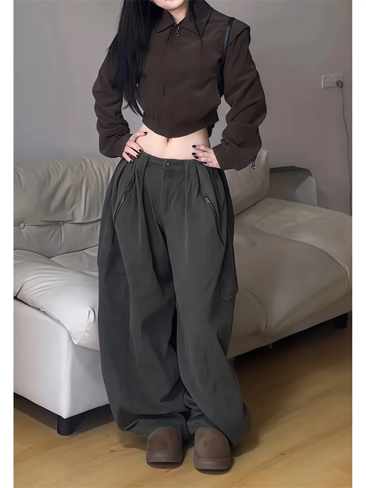 American Vintage Military Green Bloomer Pants for Women 2025 Autumn New Loose Relaxed Silhouette Wide Leg Jeans