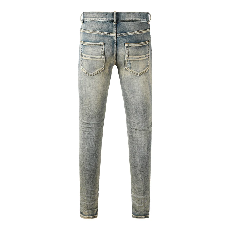 Designer Fashion New Men's Jeans Perforated Patch Washed Nostalgic Stretch Slimming Light Blue Jeans Hip Hop Brand Pants