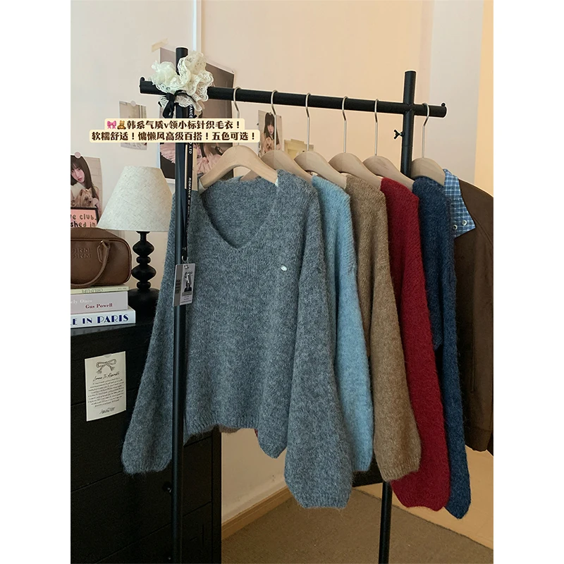 

MEXZT уличный свитер женский модный красный вязаный пуловер с v-образным вырезом корейский трикотаж с длинными рукавами осень-зима свободные джемперы новый