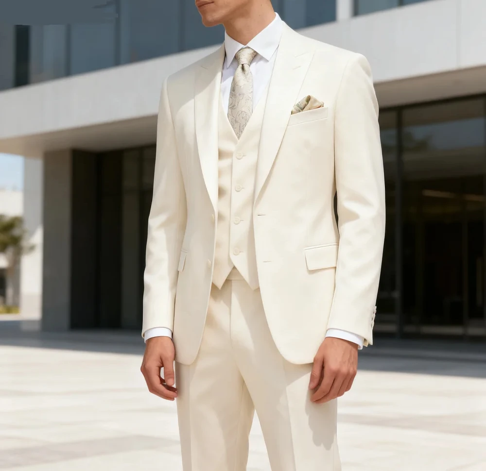 

Men's Slim Fit Wedding Dress Vest Blue Sky Suit Jacket with Lapel Pants And Waistcoat Elegant 3-Piece Groomsmen Attire