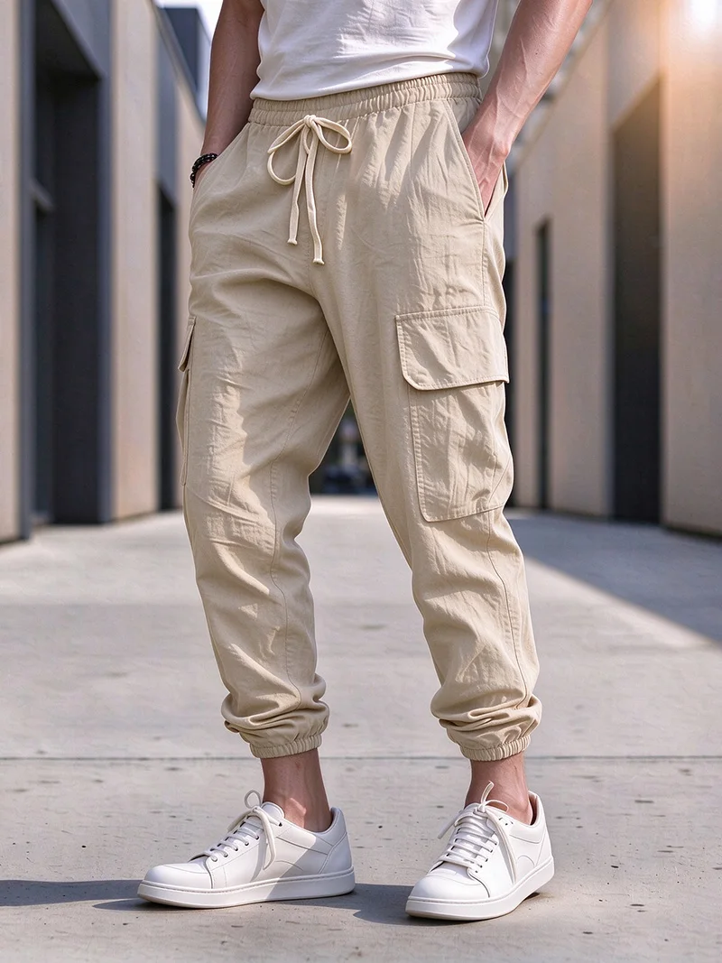 Herren Baumwoll-Leinen-Mischung Cargo Jogginghose mit Elastischem Bund, Kordelzug und Mehreren Taschen, Lässige Atmungsaktive Streetwear-Hose für Männer – Detail 3