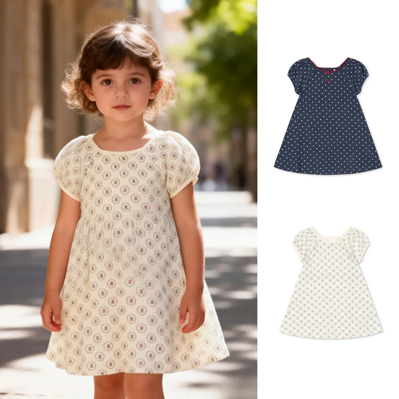 

insFrench-style fresh floral children's short-sleeve dress with heart print, bubble sleeves for girls, princess style A Line ski