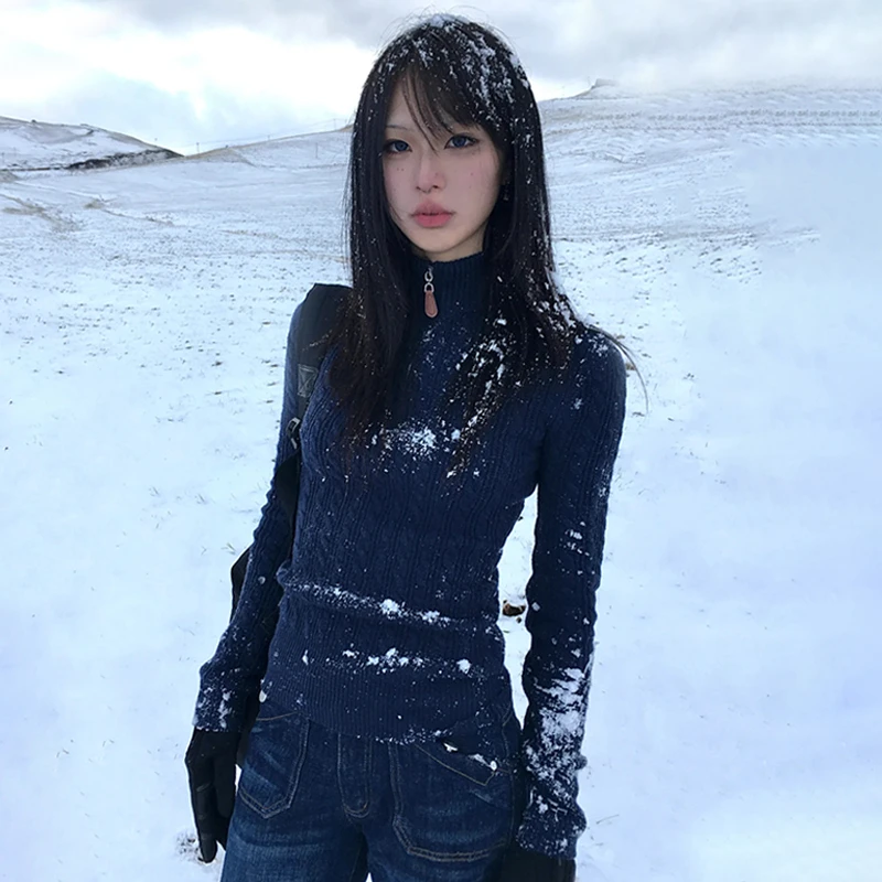 Karrram Japanese Y2k Slim Pullover Vintage Harajuku Navy Blue Sweater 2000s Style Knitted Tops Korean Fashion Knitwear Elegant