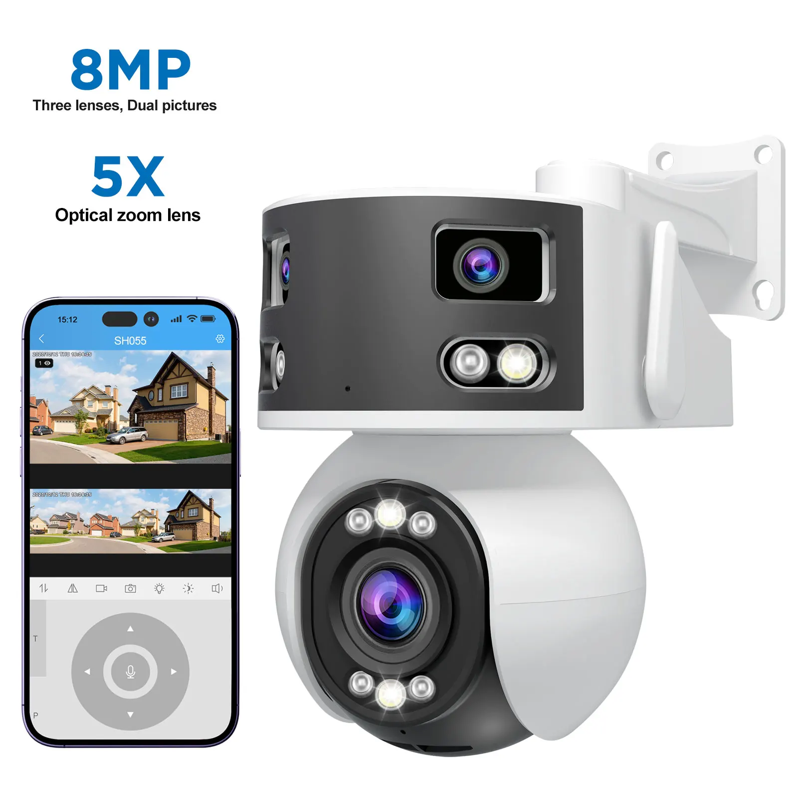 Srihome Sh055  8MP 180Degree  Triple Lens Wireless PTZ IP Dome 5X Zoom AI Humanoid Detection Home Security CCTV Baby Monitor