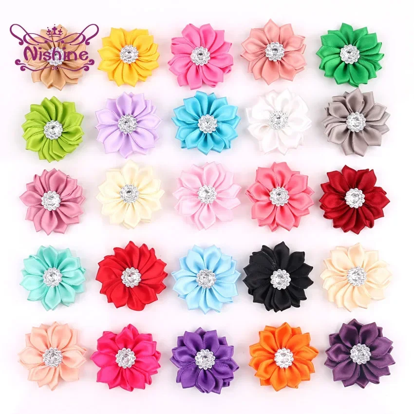 

1.6" 20pcs/lot 16 Petaled Rosette Satin Ribbon Flowers with Acrylic Button Used for Diy Headband Clips Hair Accessories