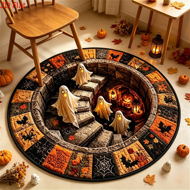 VIKAMA Halloween 3D Optical Illusion Round Mat Ghost Pumpkin Non Slip Floor Mat For Living Room Bedroom Party Home Decor