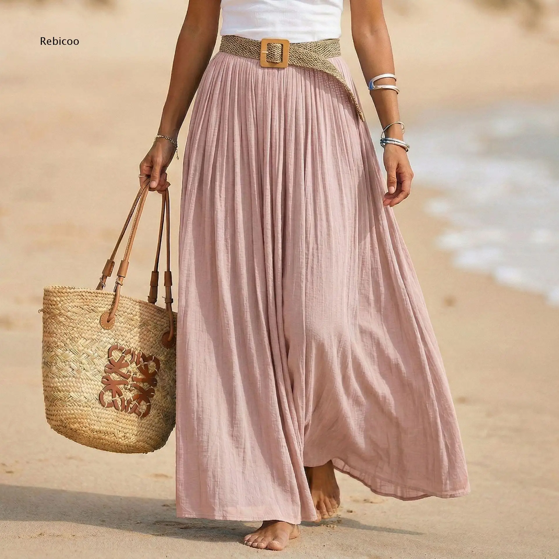 Ladies Flowy Long Maxi Skirt High Waist Pleated Silhouette With Decorative Belt For Resort Wear And Weekend Outdoor Activities