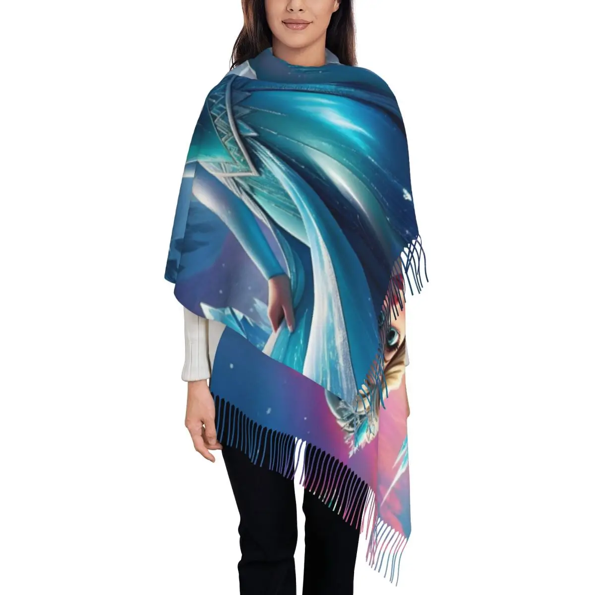 

Custom Lady Large Frozen Cartoon Elsa Scarves Women Winter Soft Warm Tassel Shawl Wrap Scarf