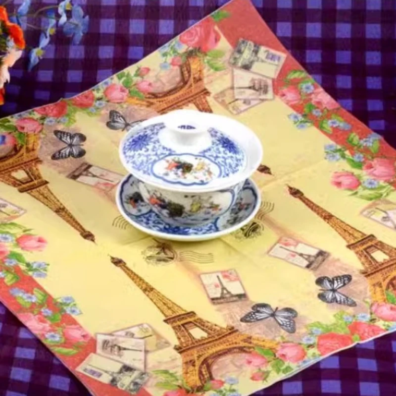 

20pcs/Pac 33*33cm 2Ply Postcard Style Dish Bone Bart Paper Butterfly Tower Print Party Decoration Disposable Paper Placemat