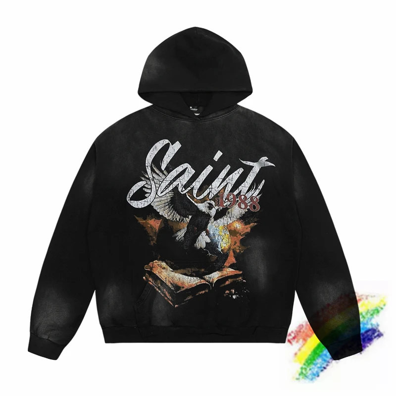 

New Saint Tears 1988 Eagle Print Hoodie Men Women Oversized Black Pullovers