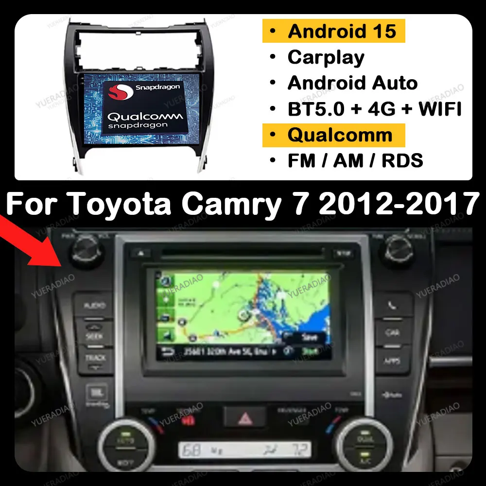 

Автомобильный радиоприемник Android 15 для Toyota Camry 7 США 2012-2017 Мультимедийный видеоплеер BT GPS NAVI Qualcomm 2DIN 4G WIFI Головное устройство QLED