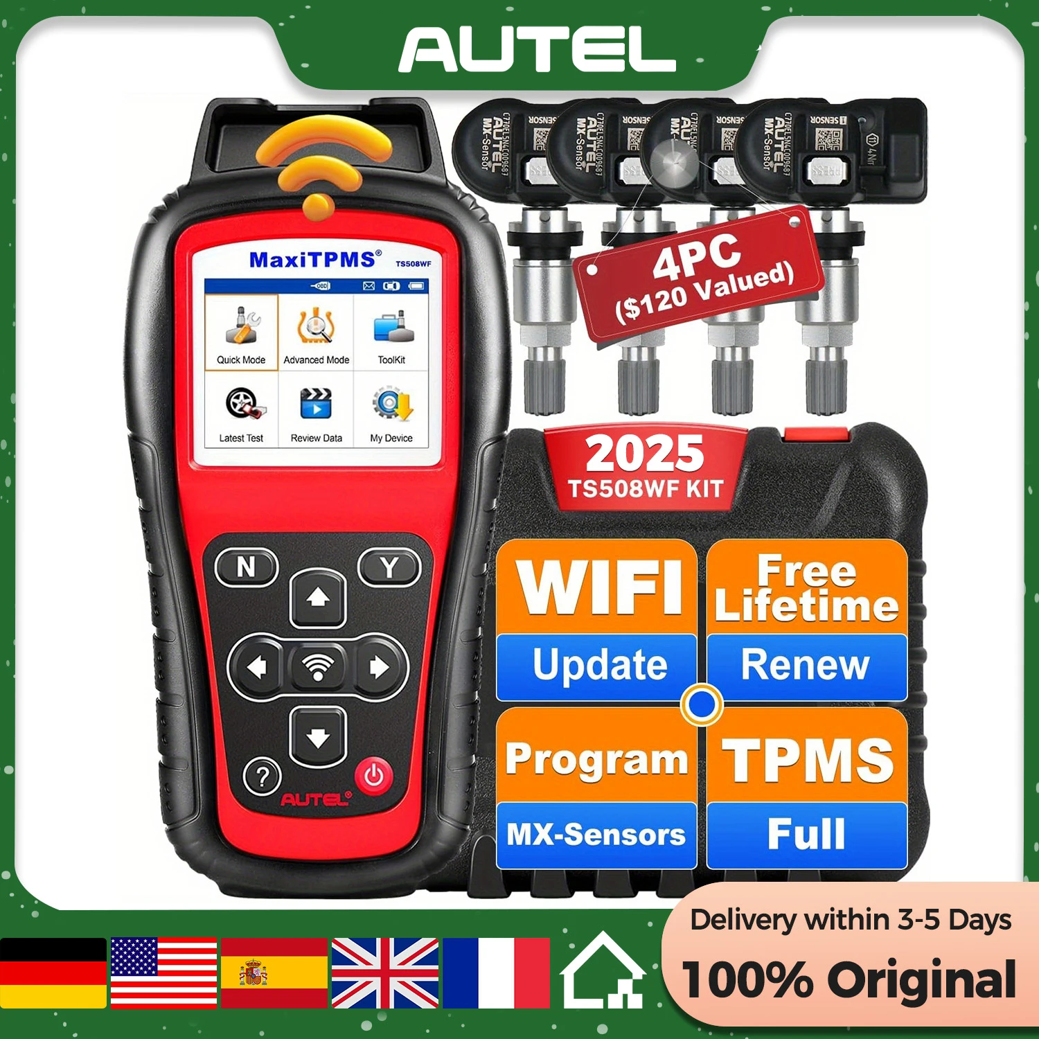 

Инструмент программирования Autel MaxiTPMS TS508WF KIT TPMS, обновленная версия Wi-Fi 2024. W/4 шт. 315 МГц + 433 МГц Autel MX-сенсор, диагностика TPMS