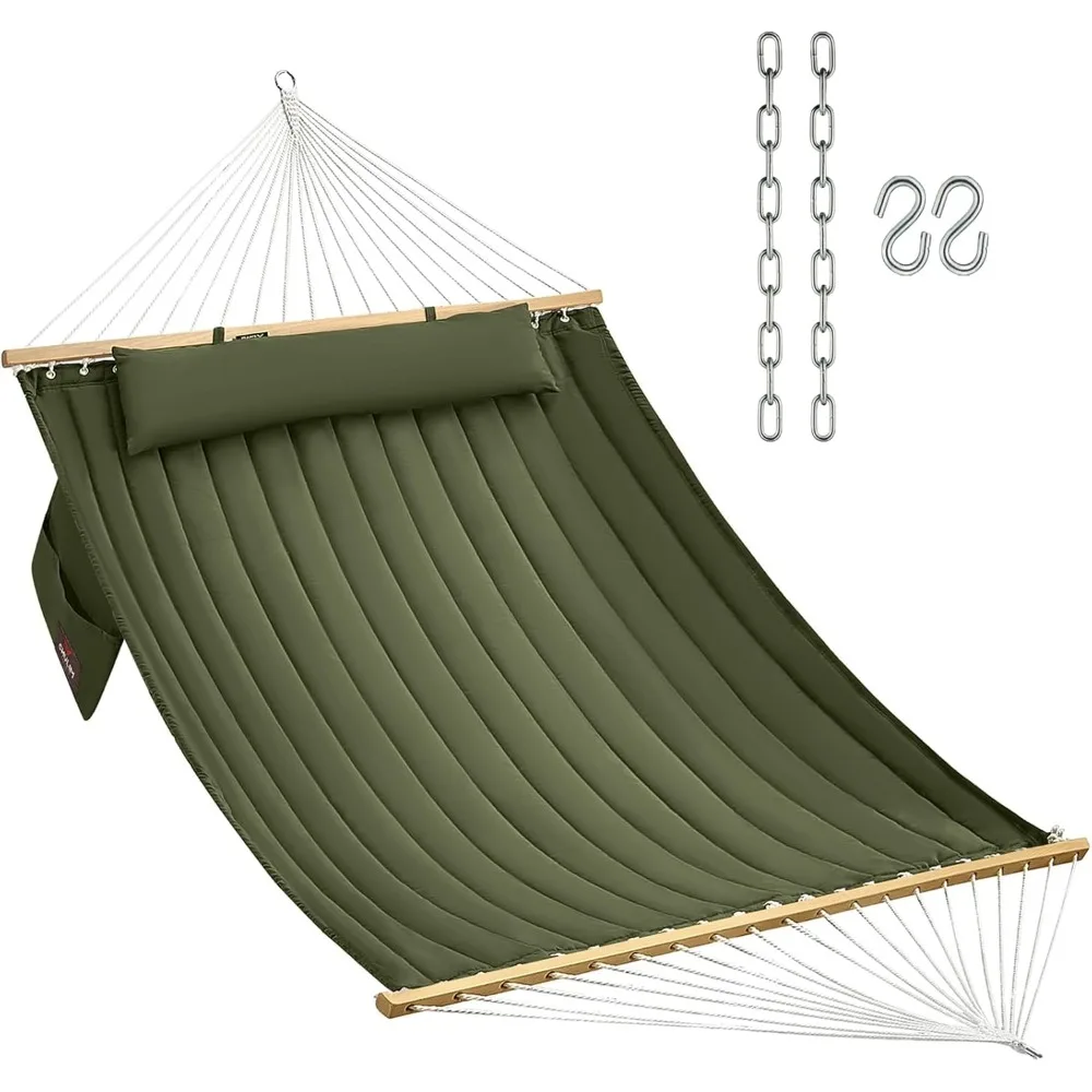 Double Quilted Fabric Hammock with Hardwood Spreader Bars and Pillow, 450 LBS Capacity, Outdoor Indoor 2 Person Large Hammock