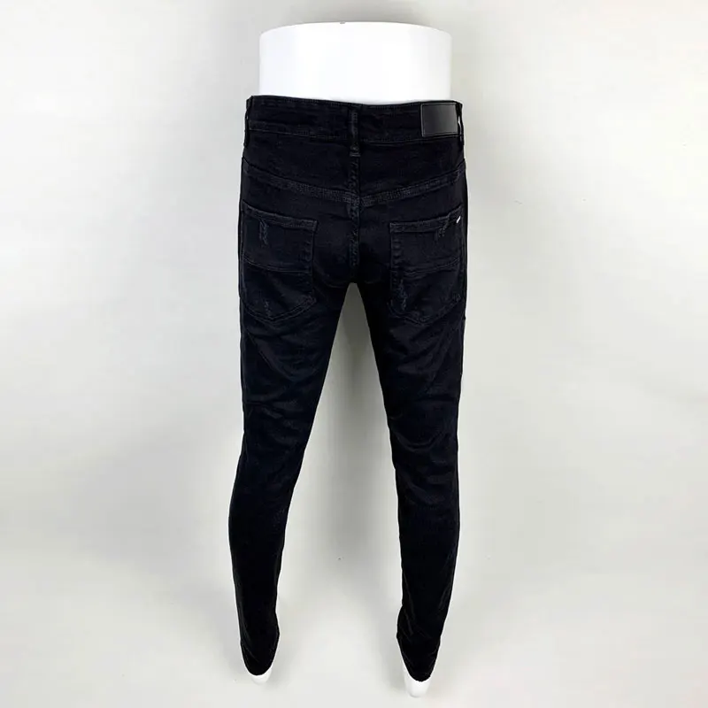 Preto Stretch Skinny masculino cabe jeans de couro rasgado, calças remendadas, calças de marca designer, Hip Hop, moda rua, punk