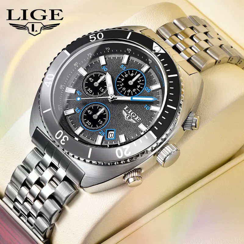 LIGE Fashion Mens Watch Stainless Steel Top Brand Luxury Sport Chronograph Quartz Watches For Men Wrist Watch Relogios Masculino