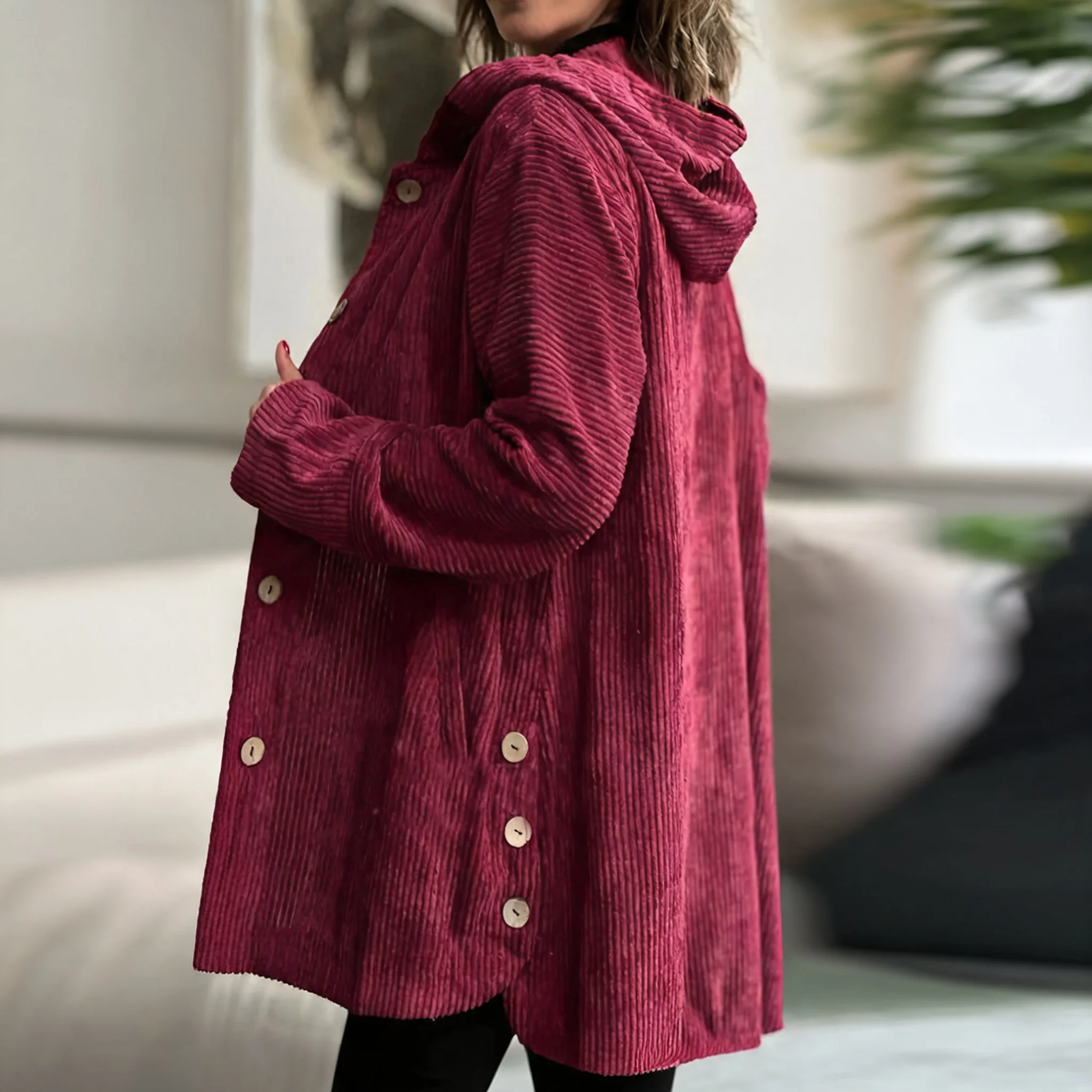 Hooded Casual Coat Mid Length Japanese Korean Casual with Single Breasted Multi Button Loose Fit Pocket Detail Women Jacket