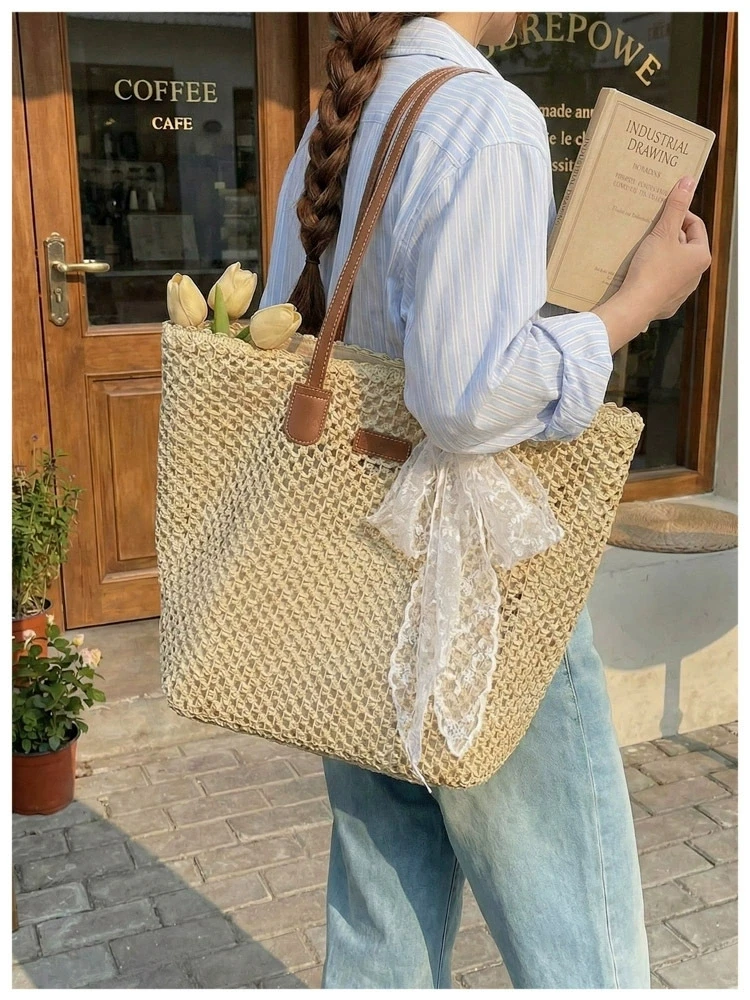 

2026 Spring New Fashionable Simple Large Capacity Vacation Straw Bag Woven Bag Retro Handbag Beach Bag