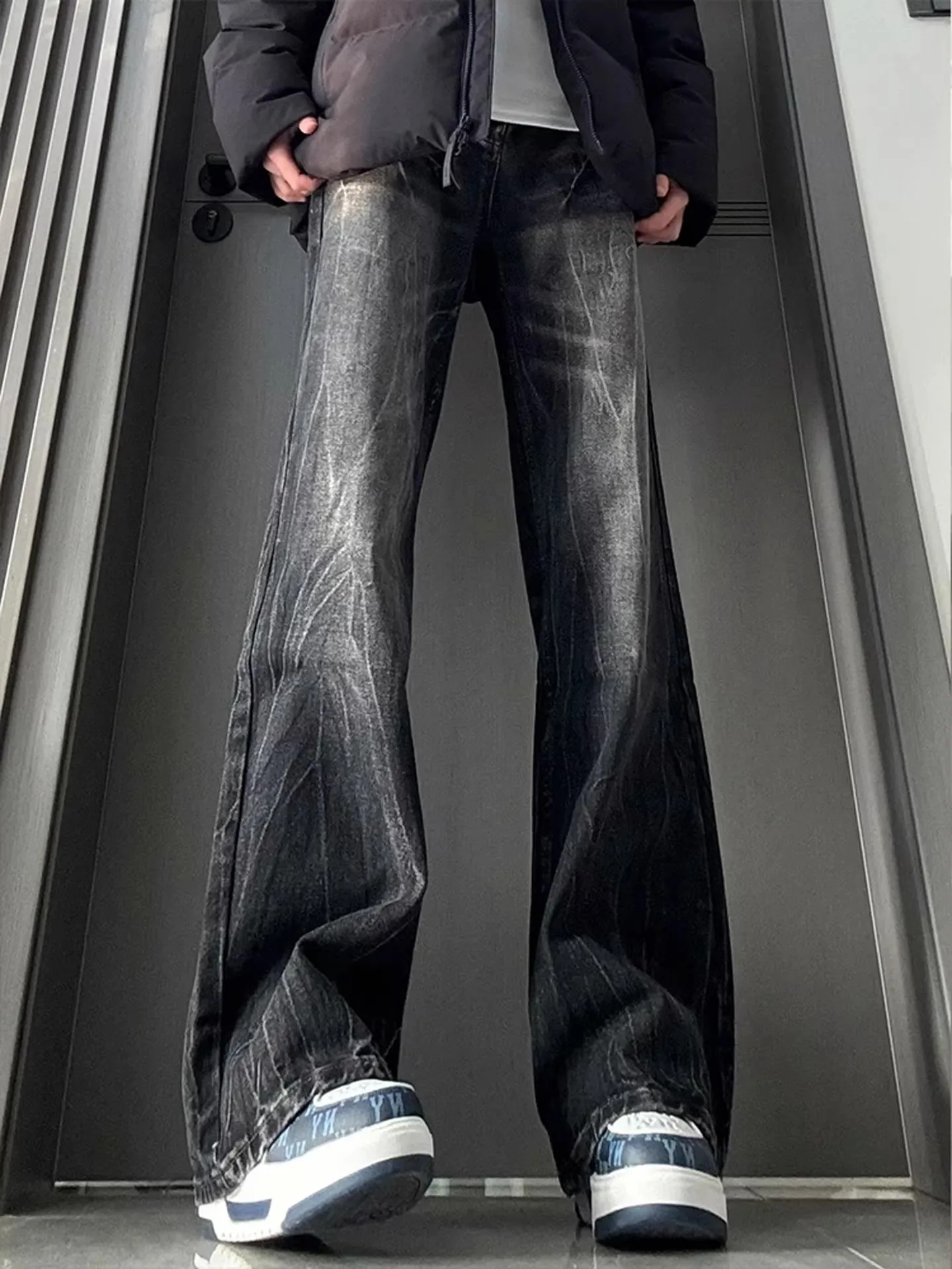

Bla Lightning Pattern Thiened Fce Straight Leg Jeans High Waist CleanFit Taller Extended Length Loose Fit Youth Jeans