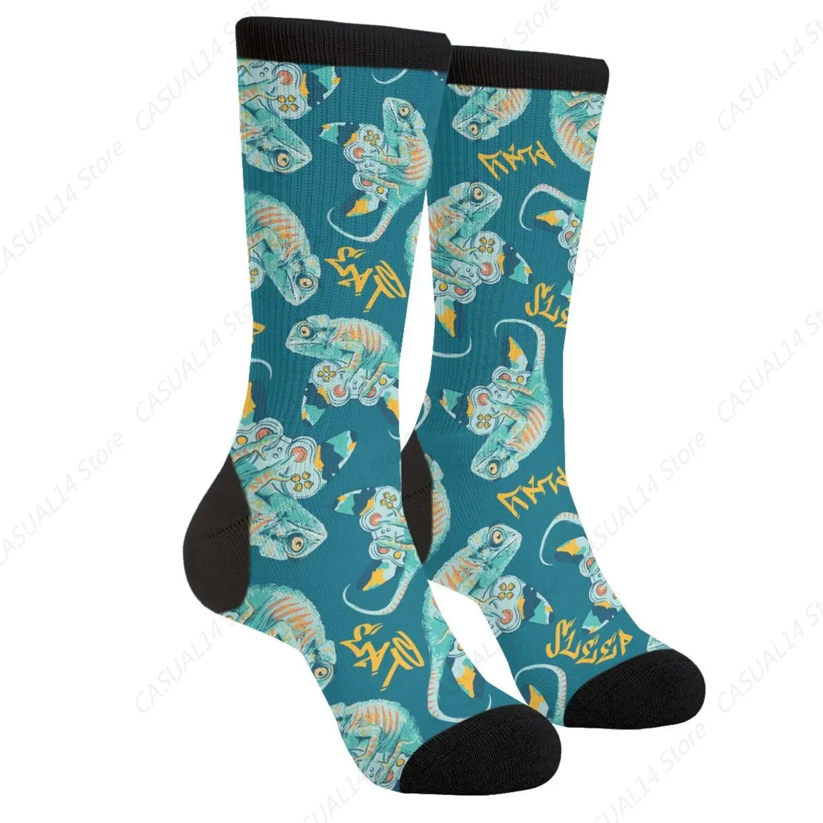 Cartoon Chameleon Lizard Chamaeleo Video Game Novelty Fun Crew Socks Fashion Comfortable Men And Women Crazy Dress Socks