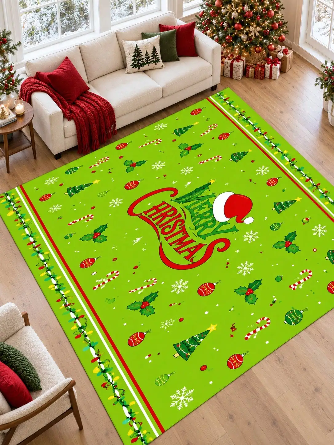 Christmas Rug Santa Hat Candy Canes Living Room Bedroom Lounge Hallway Floor Carpet Gift for Mom Dad Sisters Friends Winter Thanksgiving Birthday Anniversary Housewarming Apartment Cabin Farmhouse Home Styling Sofa Side Reading Nook Holiday Gathering