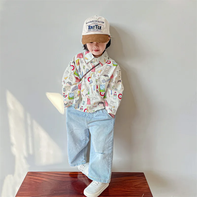 Boy Girl Shirt Spring Summer New 2024 Long Sleeve Fried Street Top Western Korean Style Full Print Tide Comfortable