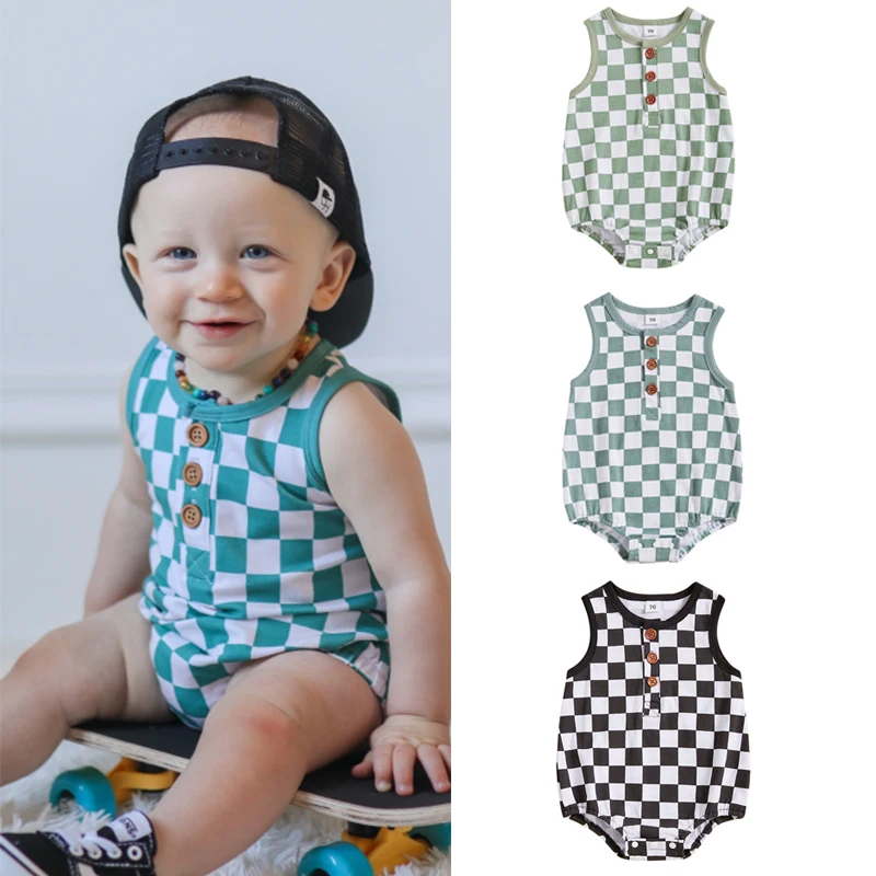 FOCUSNORM 0-18M Casual Baby Boys Summer Romper Checkerboard Plaid Print Sleeveless Jumpsuit for Newborn