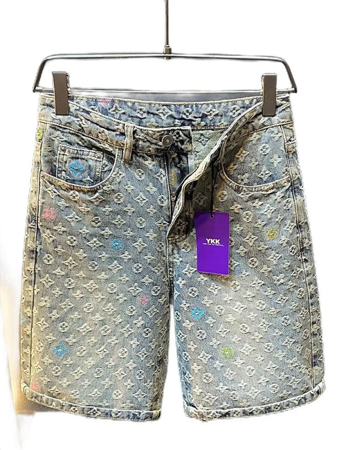 European station tide brand Xiaoxiangfeng full print jacquard denim shorts men's summer thin trend loose casual five-point pants