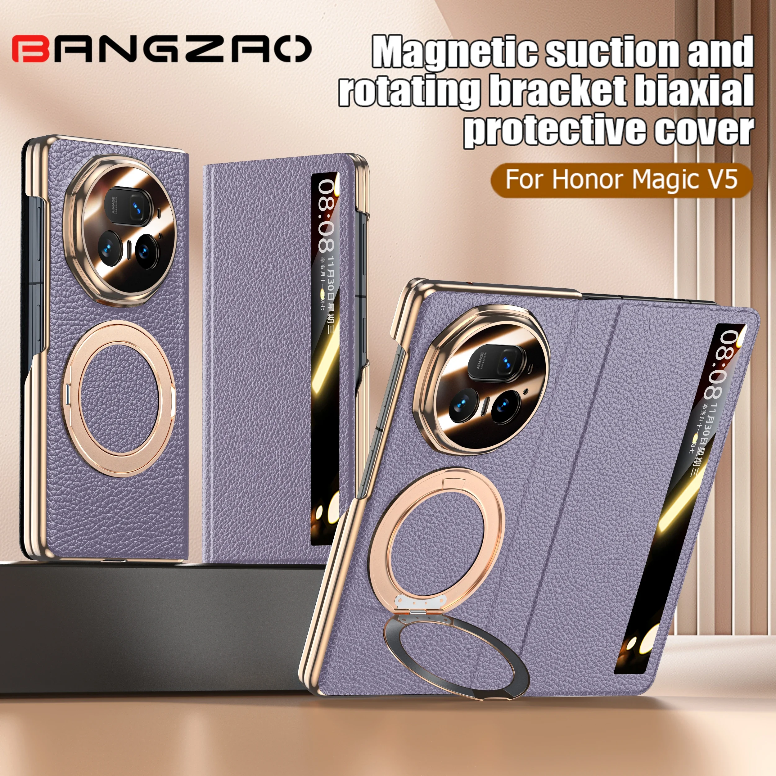 

Чехол для телефона Honor Magic V5, со встроенной пленкой, универсальная передача на петлях и магнитное кольцо на палец с кронштейном-фиолетовый