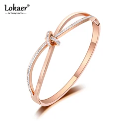 Lokaer Sparkling Design Mosaic CZ Crystal Cross Bow-knot Bangle Bracelet Jewelry Titanium Stainless Steel Wedding Bangle B19094