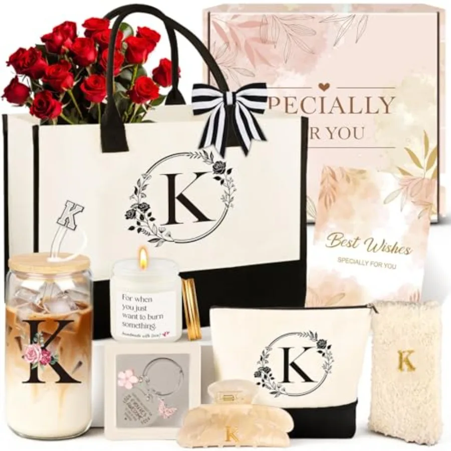 

Birthday Gifts for Women 10pcs Monogrammed Gifts for Women Initial Canvas Tote Bag Makeup Bag Glass Cup Hair Clip Candle Basket