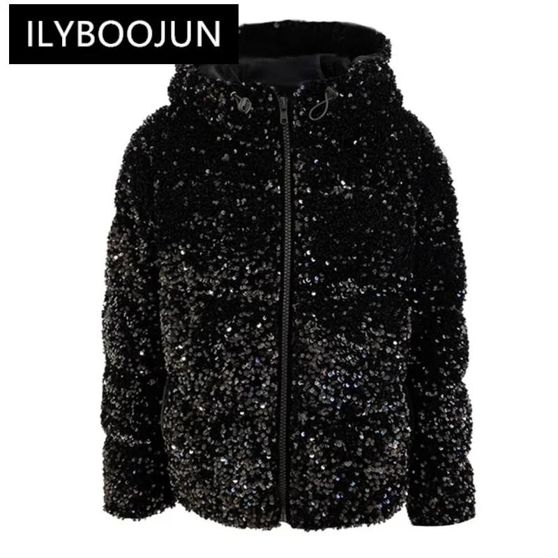 

Black White Sequins Duck Jacket Winter New Fashion Bling Bling Velvet Sequined Duck Down Warm Coat Hooded Down Jacket