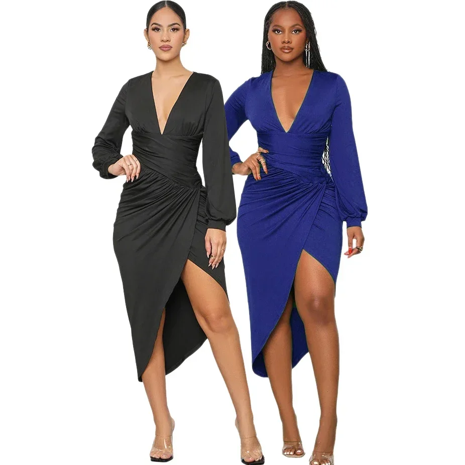 Fashion Bodycon V-Neck Mini Party Dresses Women's Full Sleeved Cross Waist Irregular Hem Design Slim Fit Mid-length Dress Female