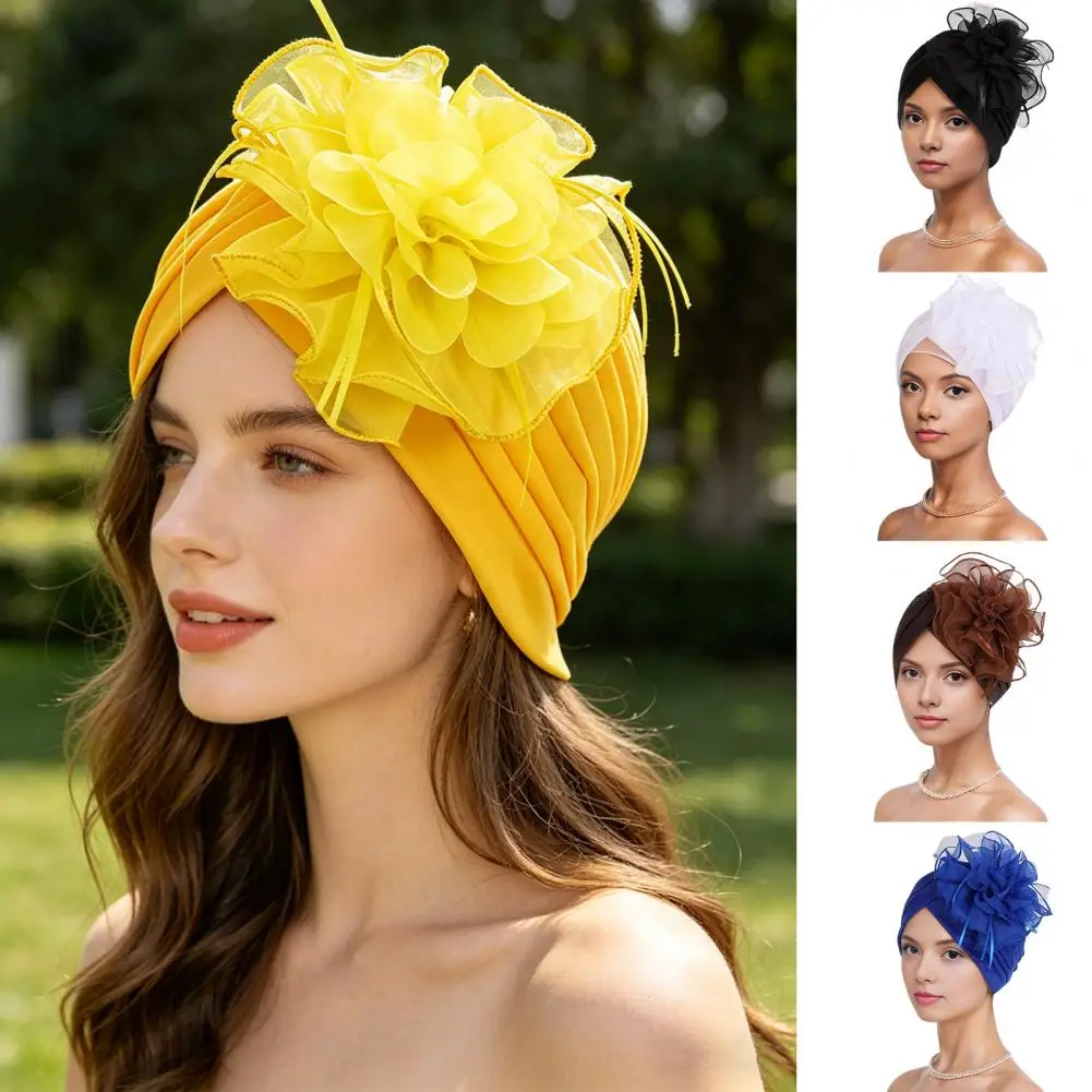 Easy Wear Head Women’s Turban Hat Mesh Flower Decor Elastic Non-slip Headwrap Breathable Lightweight Summer Scarf Stylish