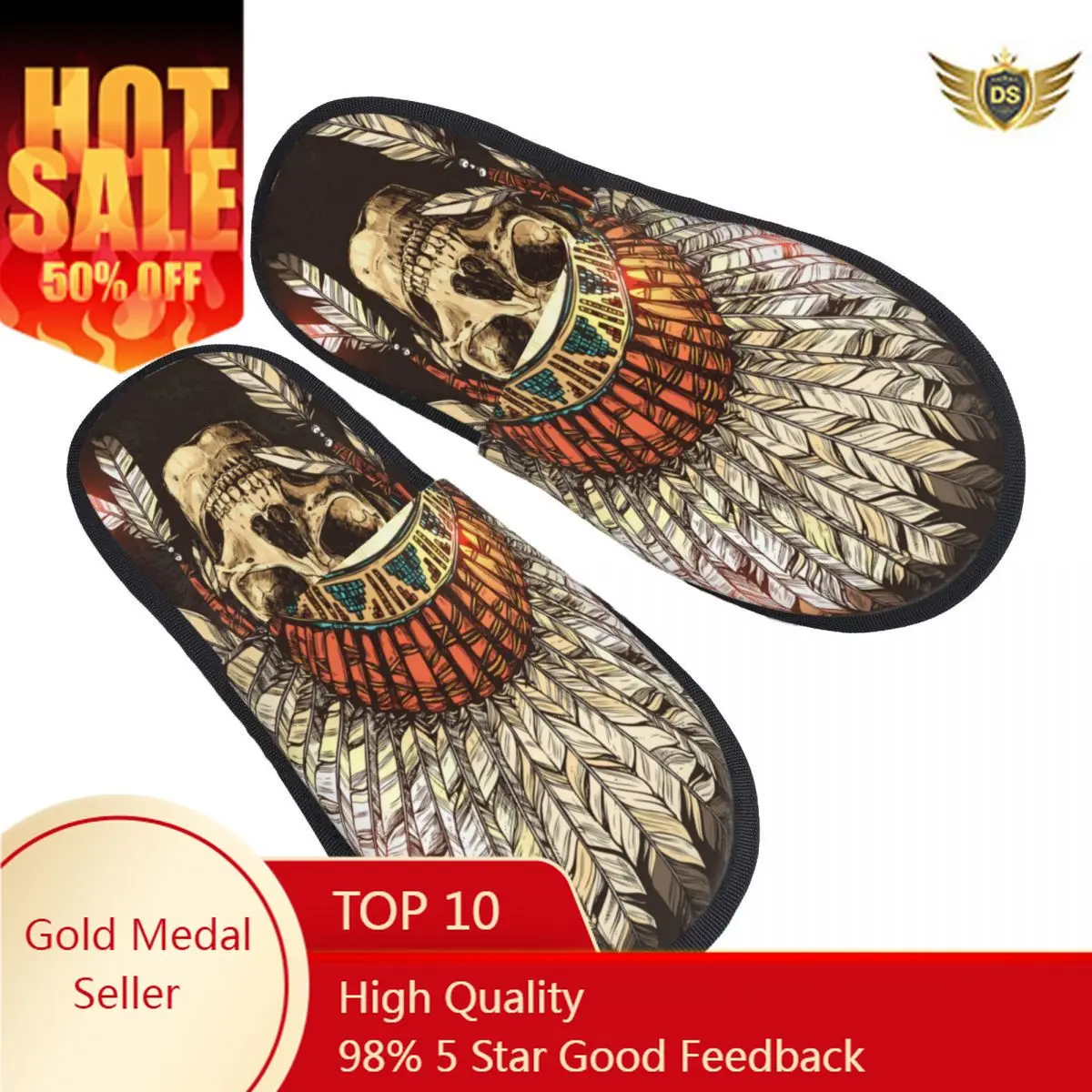 

Indian Headdress With Human Skull Indoor Slippers Furry Slipper Winter Home Shoes House Flat Closed Toe Slides Flip Flops