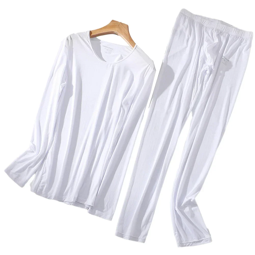 Casual 2pc Thin Thermal Long Johns Set For Men Solid Color Ice Silk Long Sleeve Top Bottom Sleepwear Underwear Male Clothing