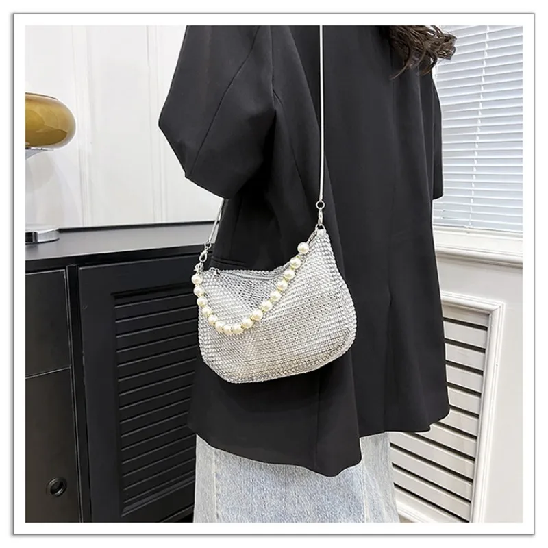 Pearl Chain Shoulder Bag For Women Shiny Rhinestone Evening Clutch Bag Party Crossbody Phone Pouch Purse Fashion Luxury Handbag