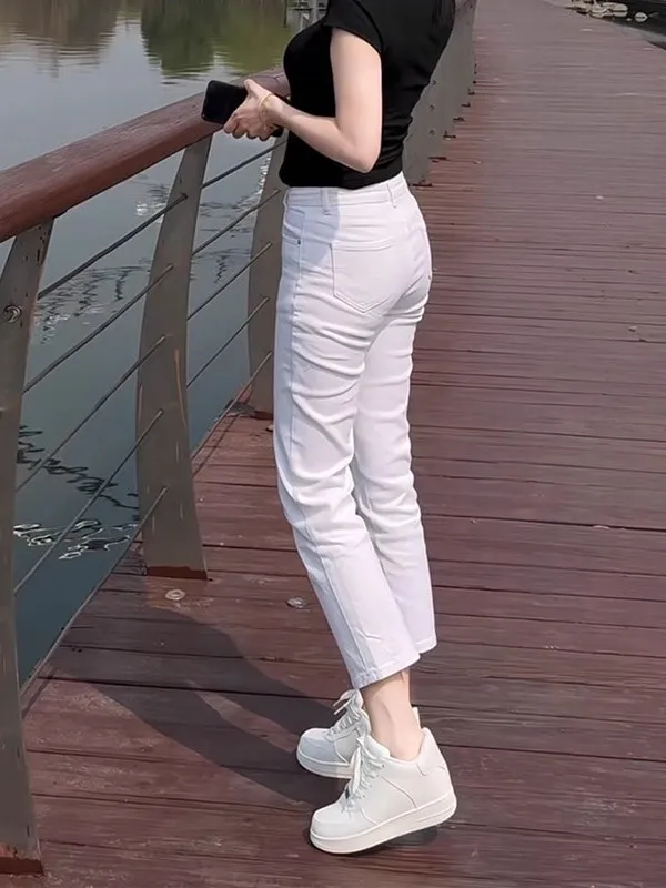 

High Waist Straight Leg Nine-Tenths Jeans Women Summer Thin New Small Size Slimming French Bread Pants White Denim Skinnies