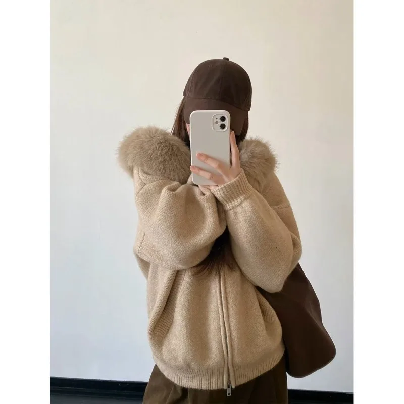 

Large Fur Collar Hooded Knitted Cardigan Women's 2025 Autumn Winter New Sweater Loose