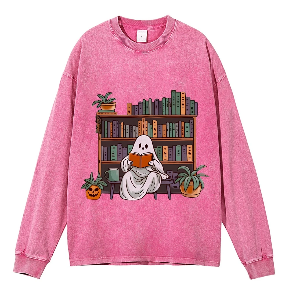 Librarian Ghost Hallowee Printed Sweatshirt Unisex Halloween Pumpkin Pullover Casual Washed Long Sleeve Women\'s Fall Clothes