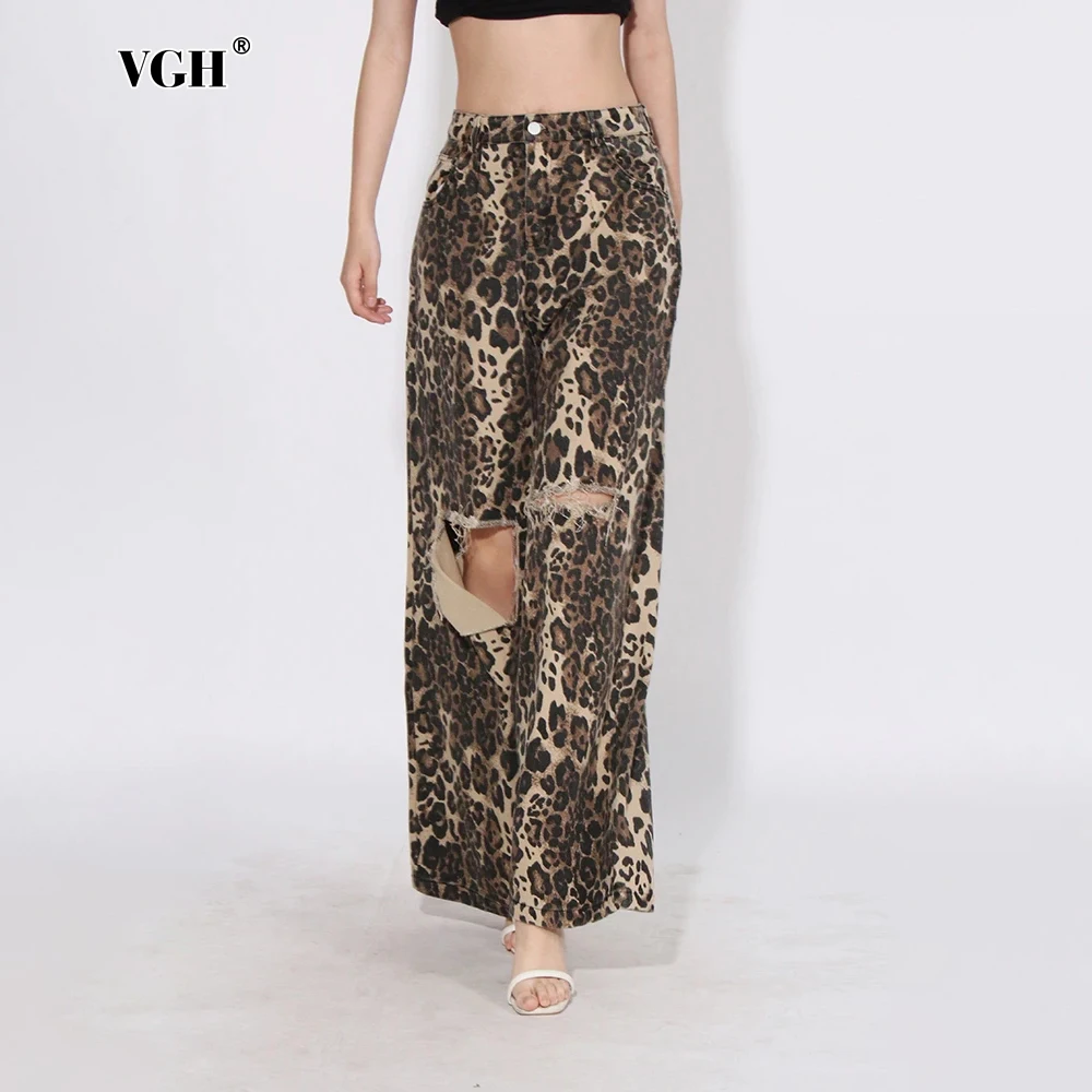 VGH Streetwear Leopard Printing Denim Trousers For Women High Waist Spliced Pockets Hollow Out Chic Wide Leg Pants Female Style