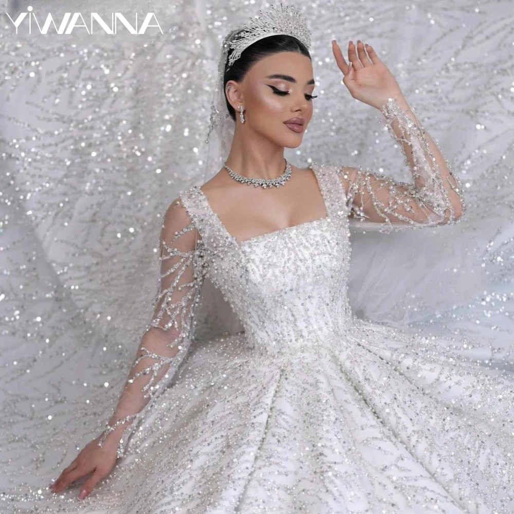 

Gorgeous Square Neck Long Sleeve Wedding Dress Sequined Beads Pearls Bride Robe Elegant Ball Gown Bridal Gown Robe De Mariée