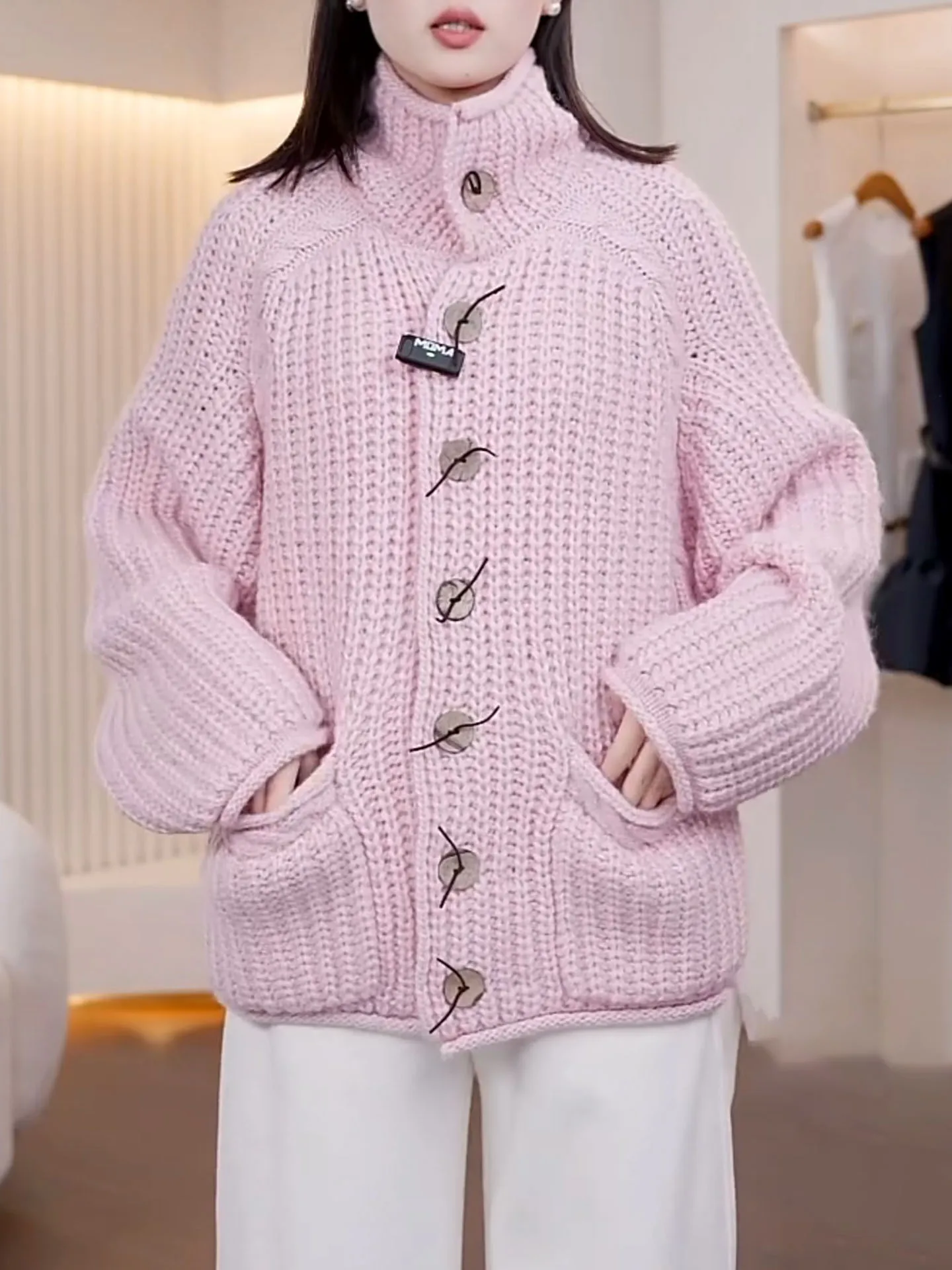 

Pink High Collar Loose Knitted Open Cardigan Warm Outerwear Faionable Top for Women Comfortable Cozy Sle Winter Coat