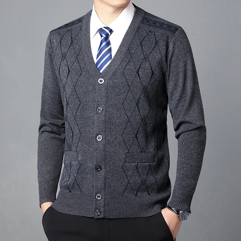2023 Men's Cardigan Non Plush Fashion Casual Long Sleeved Sweater Warm V-neck Cardigan Coats