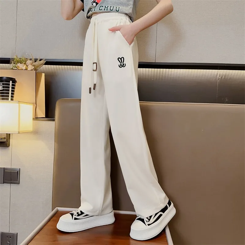 2024 Summer Girls Pants White Ice Feeling Trousers High Street Hip-hop Style Children's Sports Pants High Quality Kids Clothes