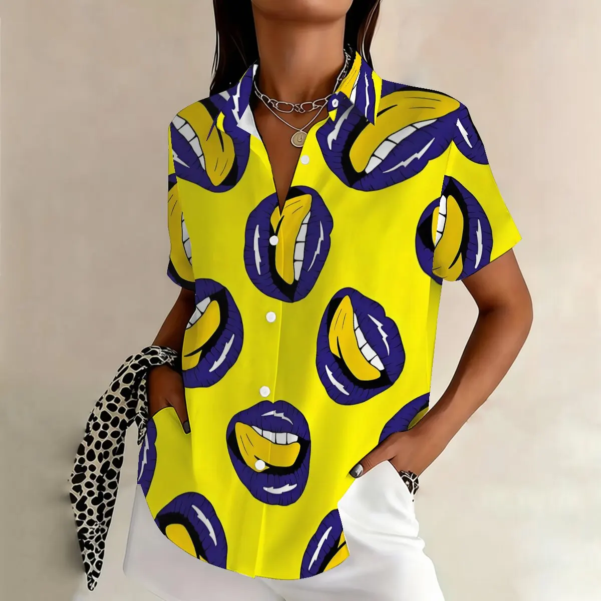 

Plus-size women's short-sleeved shirt with lip print design - stylish and sexy pattern, loose and comfortable fit.