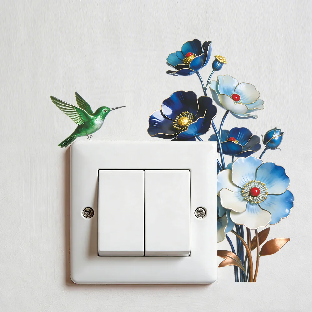 Romantische blaue Blumen-Schalter-Wandaufkleber, abnehmbarer, wasserfester Aufkleber für Schlafzimmer, Badezimmer, Wohnzimmer, Heimdekoration