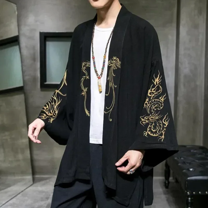 

2022 модный костюм Hanfu с вышивкой, мужской халат в китайском стиле, кардиган, куртка, кимоно большого размера, 5XL, древнее пальто, мужское