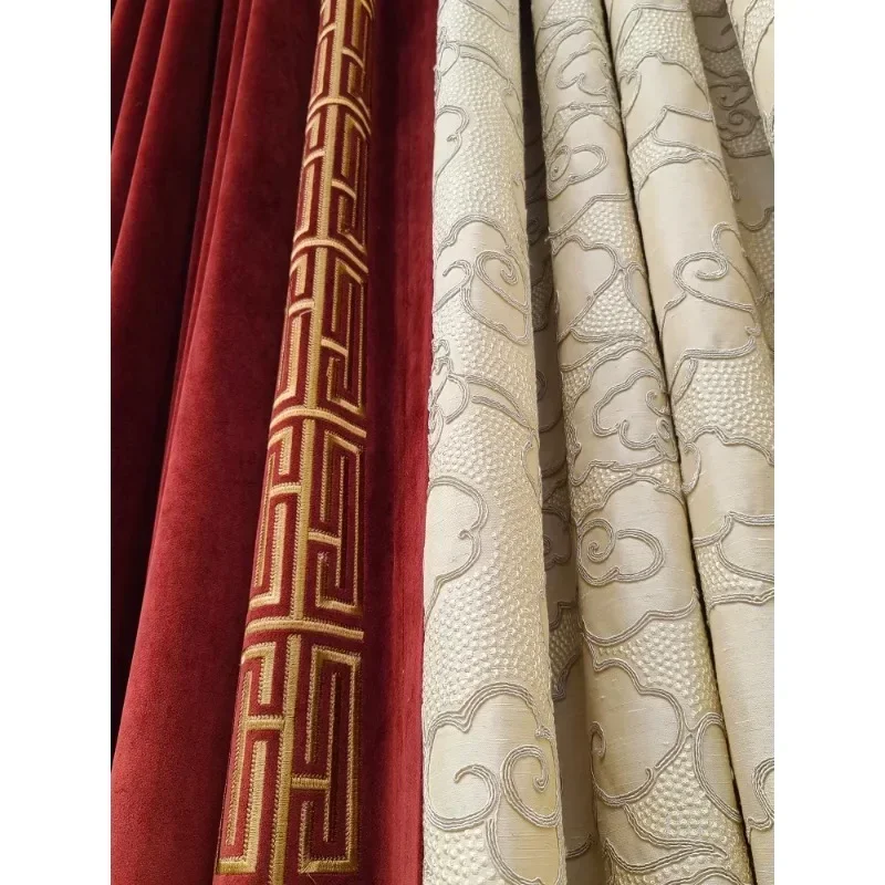 Embroidery Curtains For Living Dining Room Bedroom Light Luxury Modern American Vintage Red Velvet Blocking Patchwork Customize