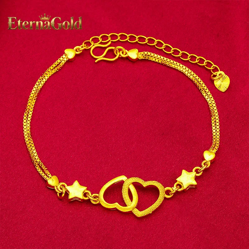 

EternaGold Double Heart Bracelet for Women, 24K Gold, AU999 Polished connected hearts with diamonds on delicate chain sweet for