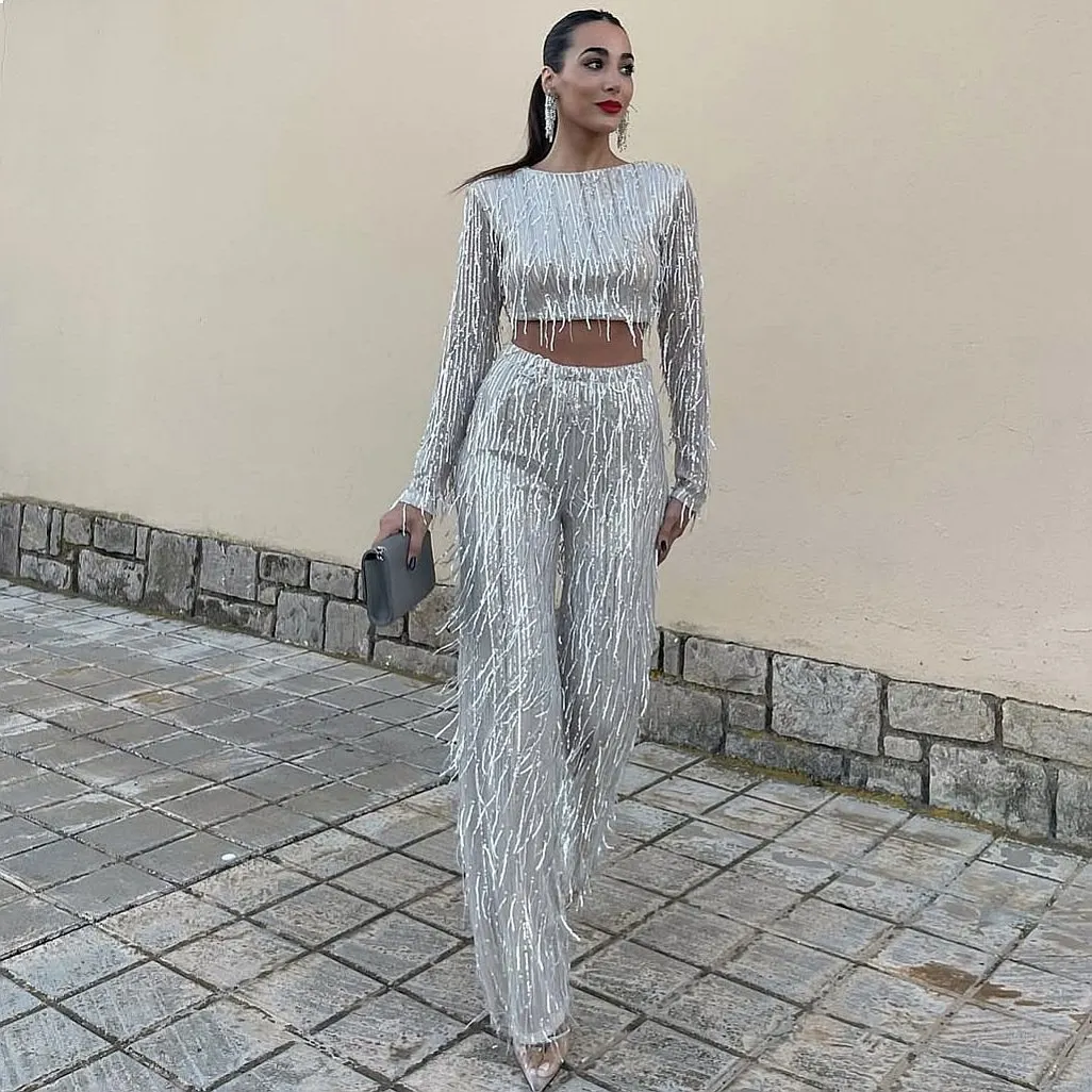 Sequins Tassel Blouse Top Wide Leg Pants Jumpsuit Party Evening Dress Matching Set